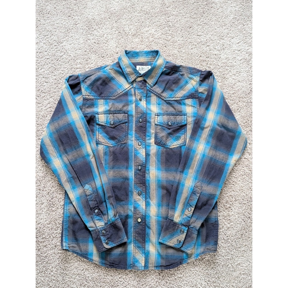 Ariat Retro Fit Western Rodeo Pearl Snap Mens Small Blue Plaid Long Sleeve